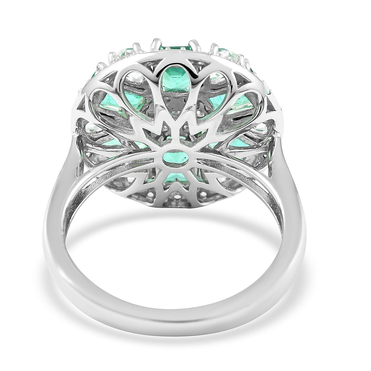 AAA Kagem Emerald and Multi Gemstone Floral Ring in Rhodium Over Sterling Silver (Size 6.0) 4.35 ctw