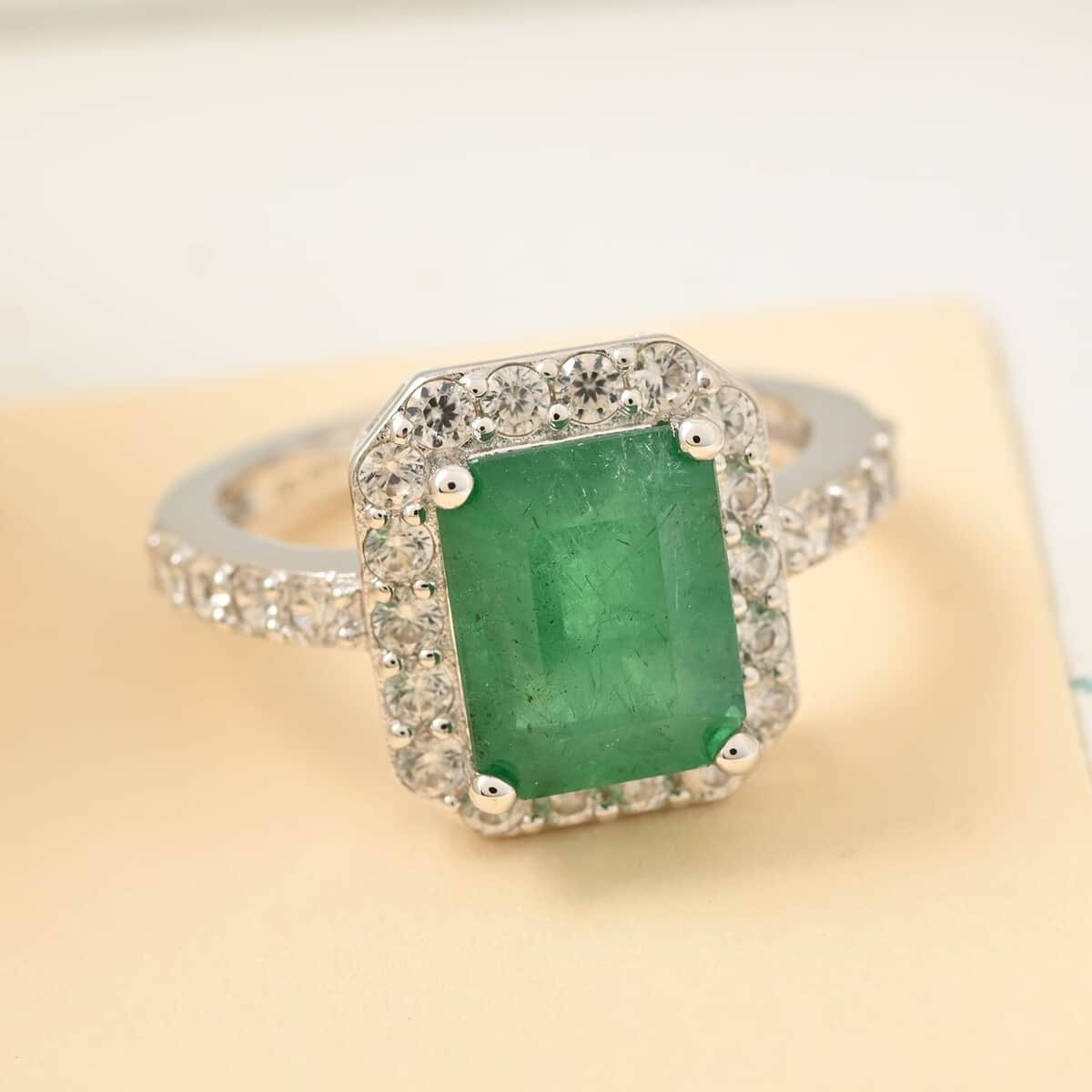 AAA Kagem Zambian Intense Green Emerald, Natural White Zircon Halo Ring in Rhodium Over Sterling Silver (Size 6.0) 3.50 ctw image number 1