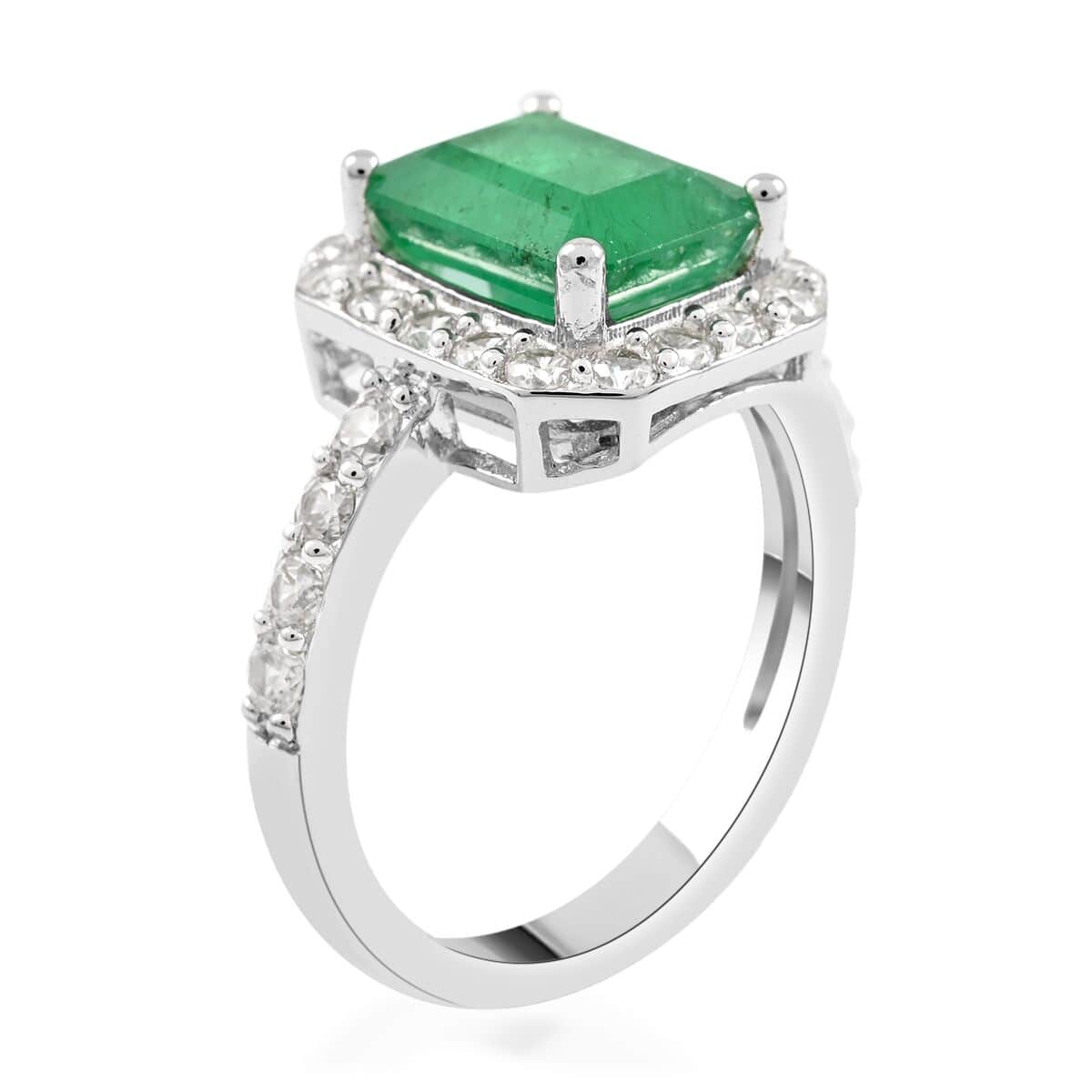 AAA Kagem Zambian Intense Green Emerald, Natural White Zircon Halo Ring in Rhodium Over Sterling Silver (Size 6.0) 3.50 ctw image number 3