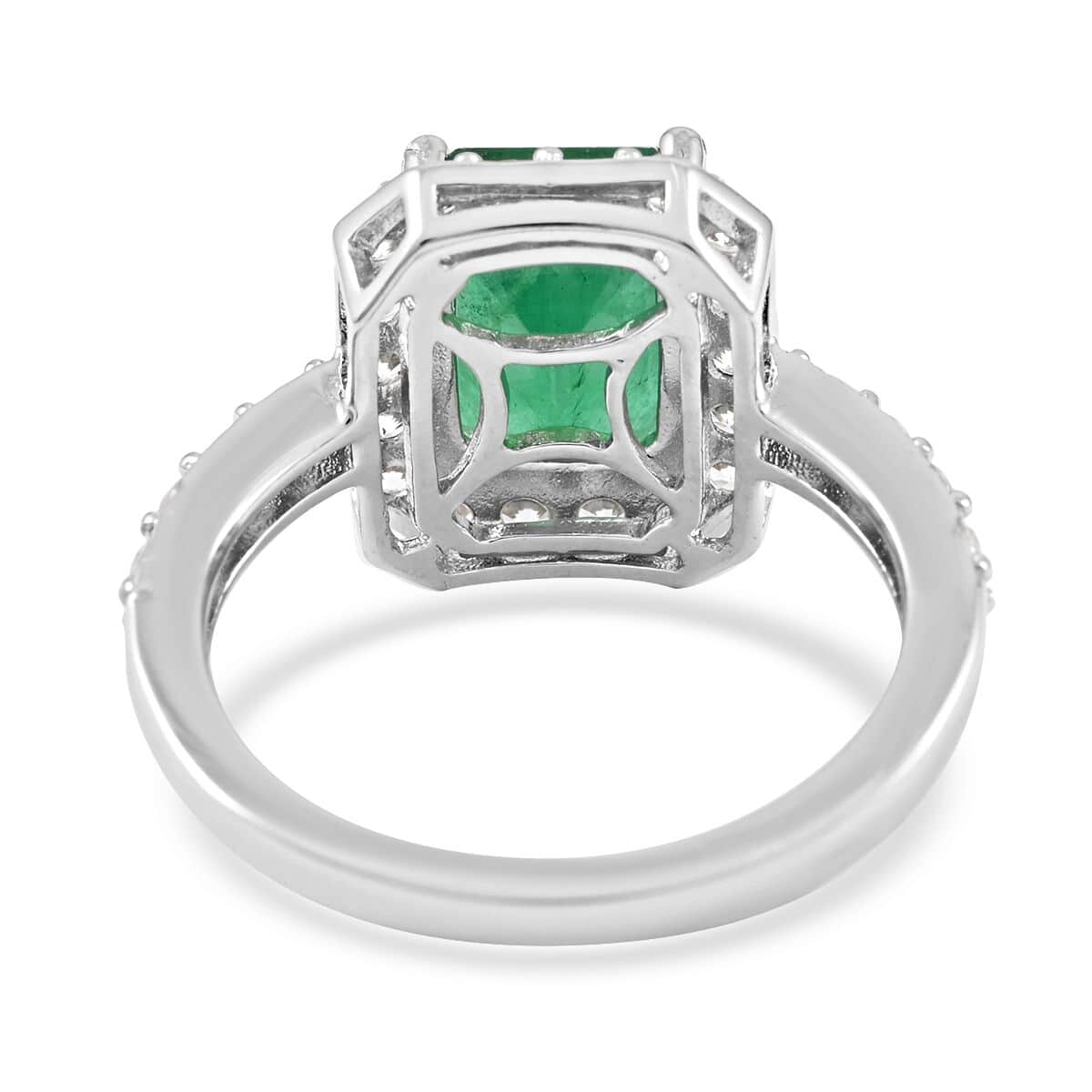 AAA Kagem Zambian Intense Green Emerald, Natural White Zircon Halo Ring in Rhodium Over Sterling Silver (Size 6.0) 3.50 ctw image number 4