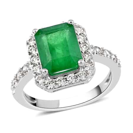AAA Kagem Zambian Intense Green Emerald and Natural White Zircon Halo Ring in Rhodium Over Sterling Silver (Size 8.0) 3.50 ctw image number 0