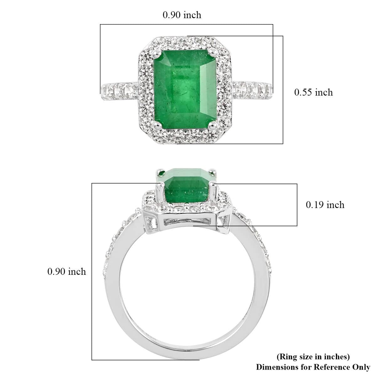 AAA Kagem Zambian Intense Green Emerald and Natural White Zircon Halo Ring in Rhodium Over Sterling Silver (Size 8.0) 3.50 ctw image number 5