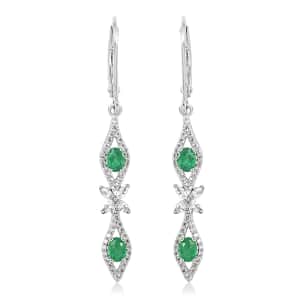 AAA Kagem Emerald and White Zircon Lever Back Earrings in Rhodium Over Sterling Silver 1.60 ctw