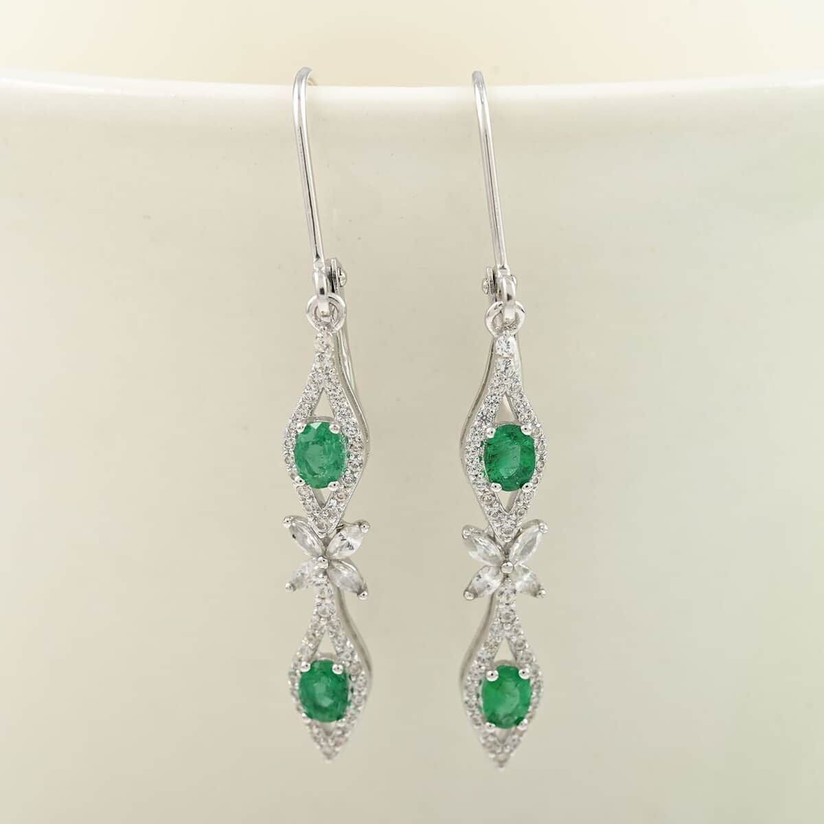 AAA Kagem Emerald and White Zircon Lever Back Earrings in Rhodium Over Sterling Silver 1.60 ctw image number 1