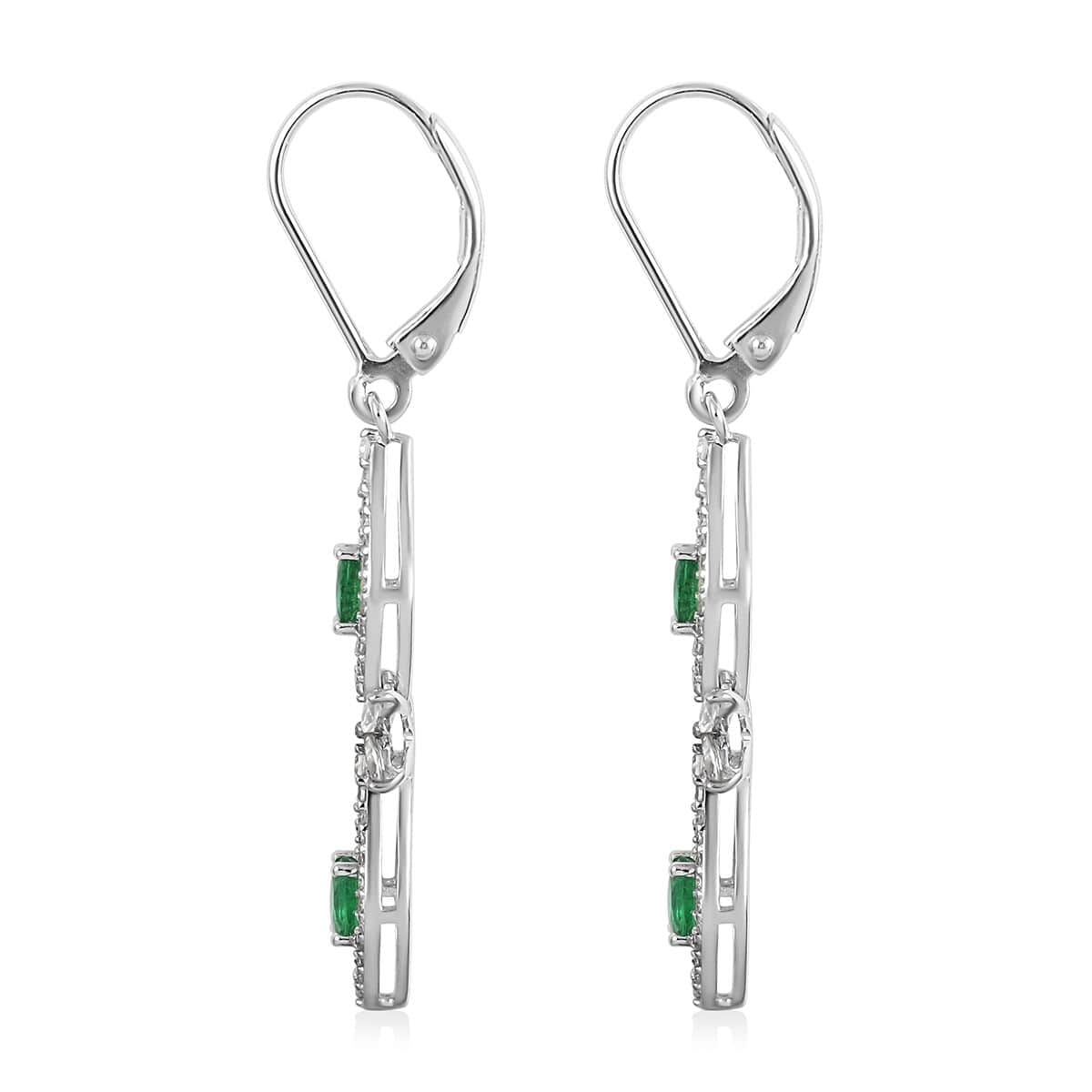 AAA Kagem Emerald and White Zircon Lever Back Earrings in Rhodium Over Sterling Silver 1.60 ctw image number 3