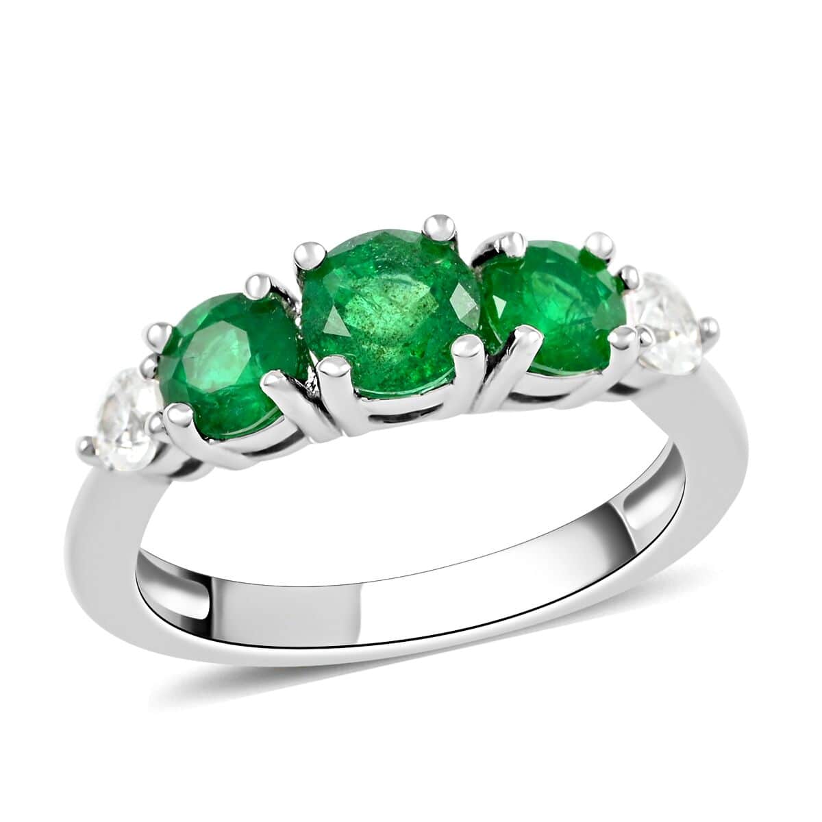 AAA Kagem Zambian Intense Green Emerald and Natural White Zircon 3 Stone Ring in Rhodium Over Sterling Silver (Size 7.0) 1.50 ctw image number 0