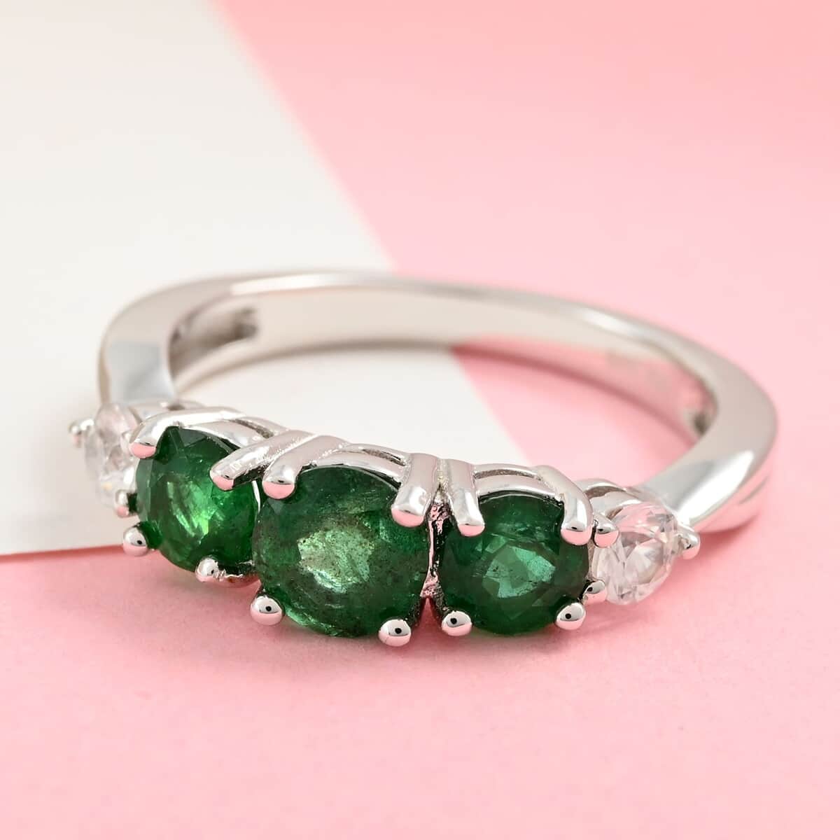 AAA Kagem Zambian Intense Green Emerald and Natural White Zircon 3 Stone Ring in Rhodium Over Sterling Silver (Size 7.0) 1.50 ctw image number 1