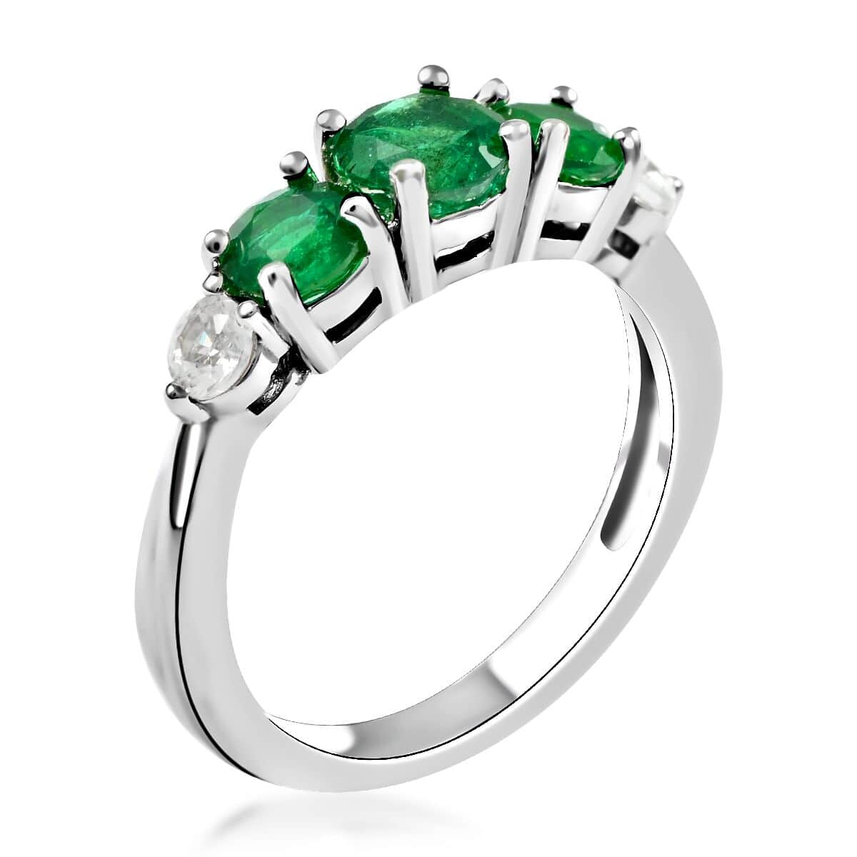 AAA Kagem Zambian Intense Green Emerald and Natural White Zircon 3 Stone Ring in Rhodium Over Sterling Silver (Size 7.0) 1.50 ctw image number 3