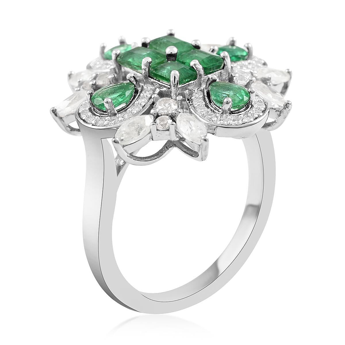 AAA Kagem Zambian Intense Green Emerald and Natural White Zircon Ring in Rhodium Over Sterling Silver 3.00 ctw image number 3