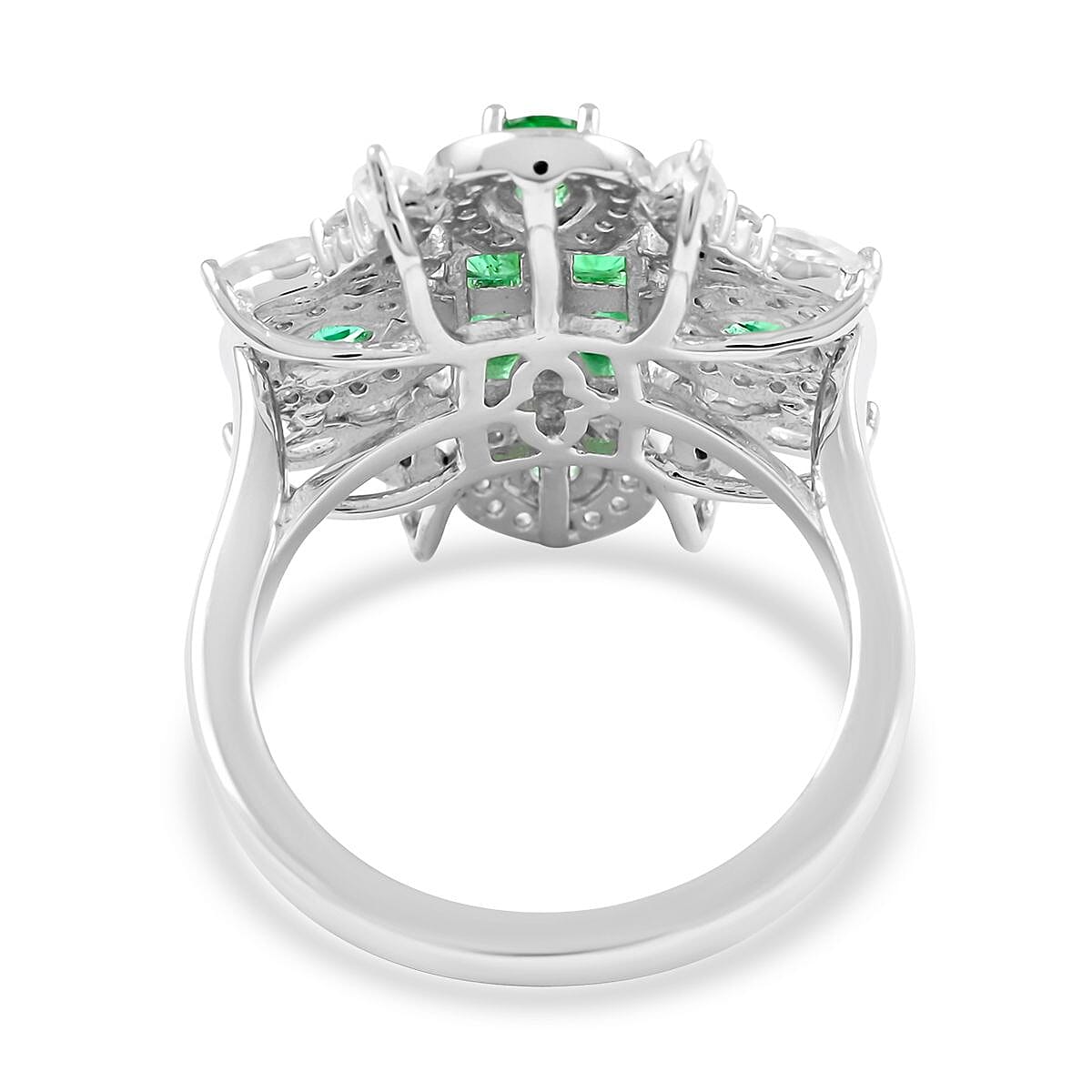 AAA Kagem Zambian Intense Green Emerald and Natural White Zircon Ring in Rhodium Over Sterling Silver 3.00 ctw image number 4