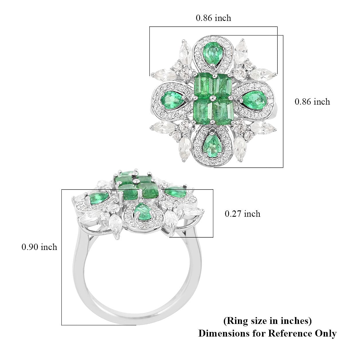 AAA Kagem Zambian Intense Green Emerald and Natural White Zircon Ring in Rhodium Over Sterling Silver 3.00 ctw image number 5