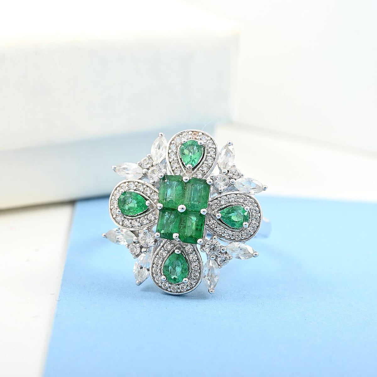 AAA Kagem Emerald and Natural White Zircon Ring in Rhodium Over Sterling Silver (Size 7.0) 3.00 ctw image number 1