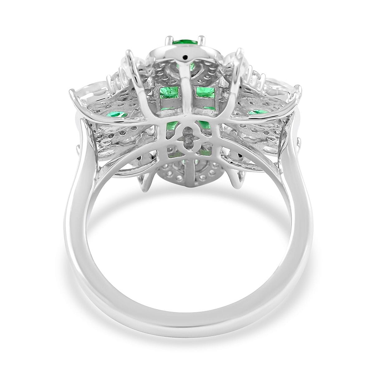AAA Kagem Emerald and Natural White Zircon Ring in Rhodium Over Sterling Silver (Size 7.0) 3.00 ctw image number 4