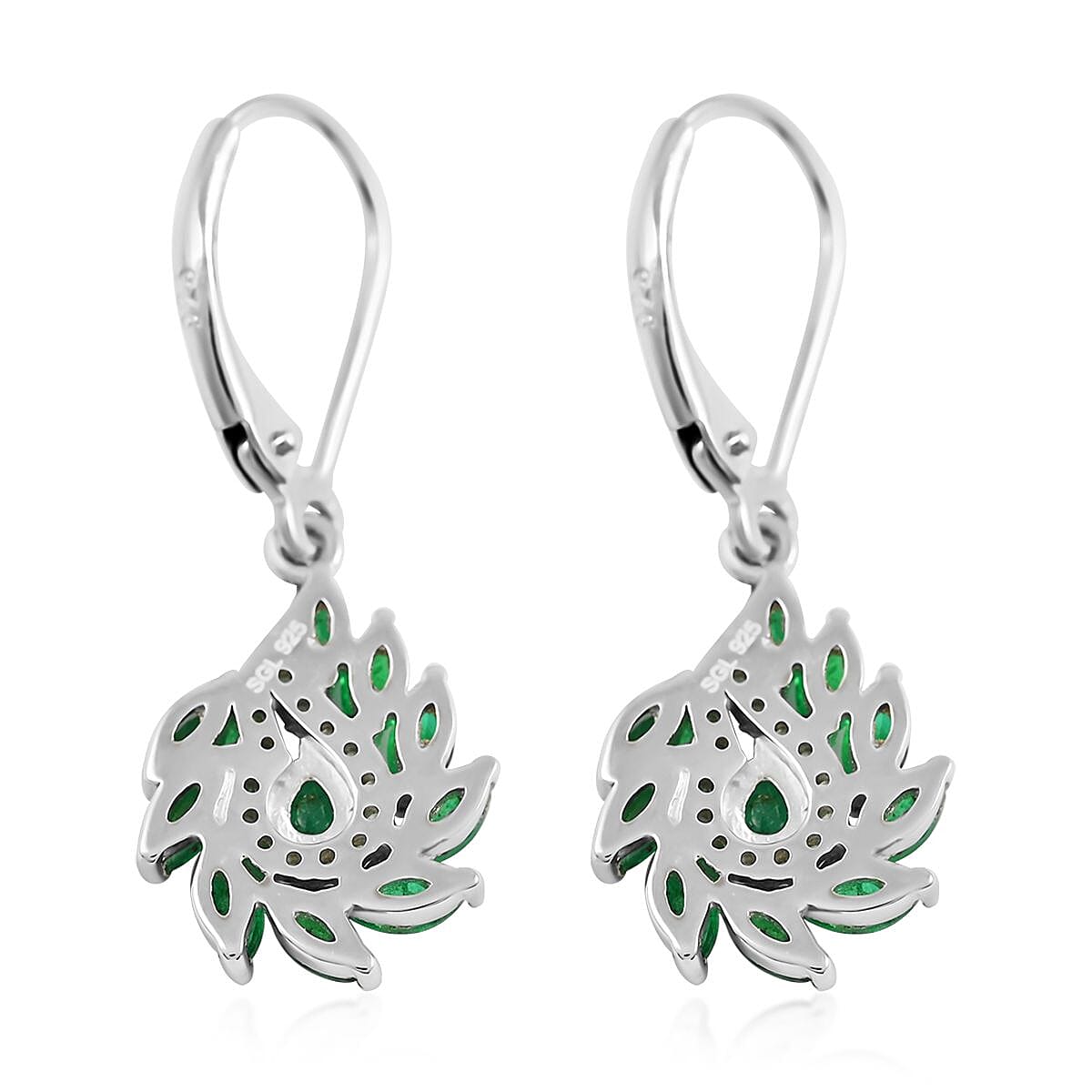 AAA Kagem Emerald and White Zircon Lever Back Earrings in Rhodium Over Sterling Silver 1.75 ctw