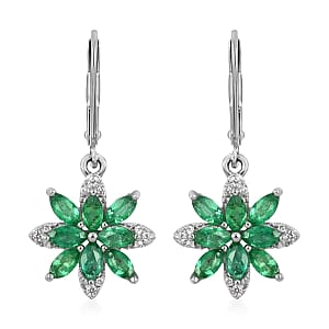 AAA Kagem Zambian Intense Green Emerald and Natural White Zircon Lever Back Earrings in Rhodium Over Sterling Silver 1.30 ctw