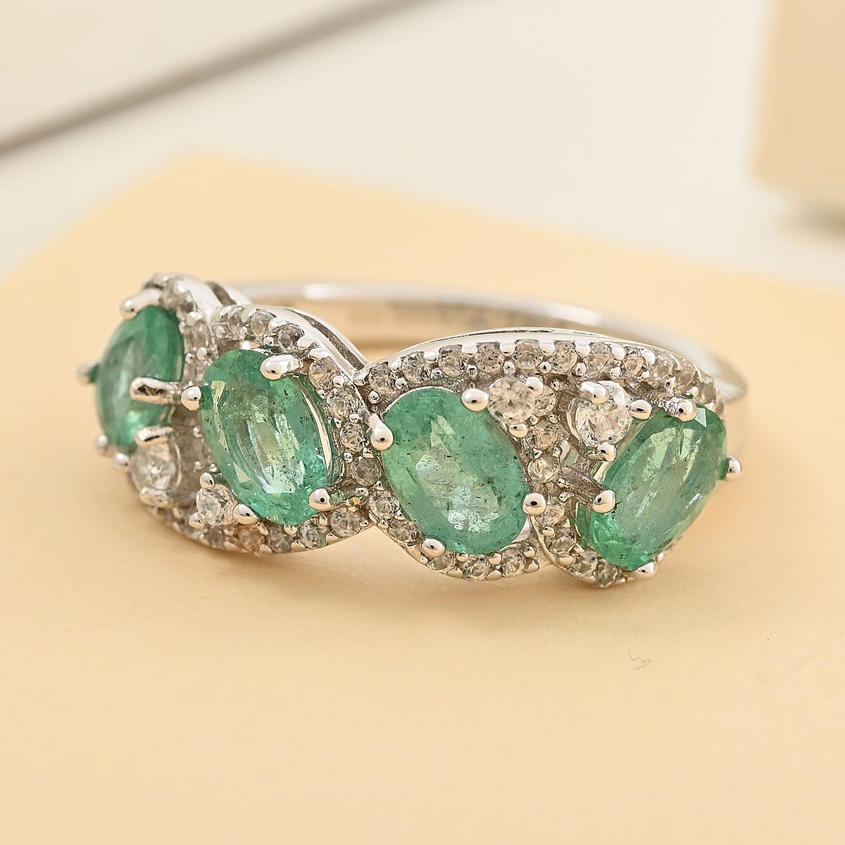 AAA Kagem Zambian Intense Green Emerald, Natural White Zircon Ring in Rhodium Over Sterling Silver (Size 6.0) 2.35 ctw image number 1