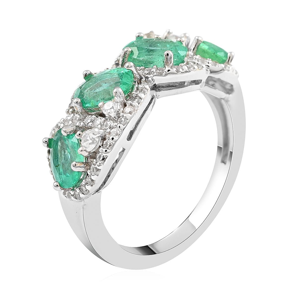 AAA Kagem Zambian Intense Green Emerald, Natural White Zircon Ring in Rhodium Over Sterling Silver (Size 6.0) 2.35 ctw image number 3