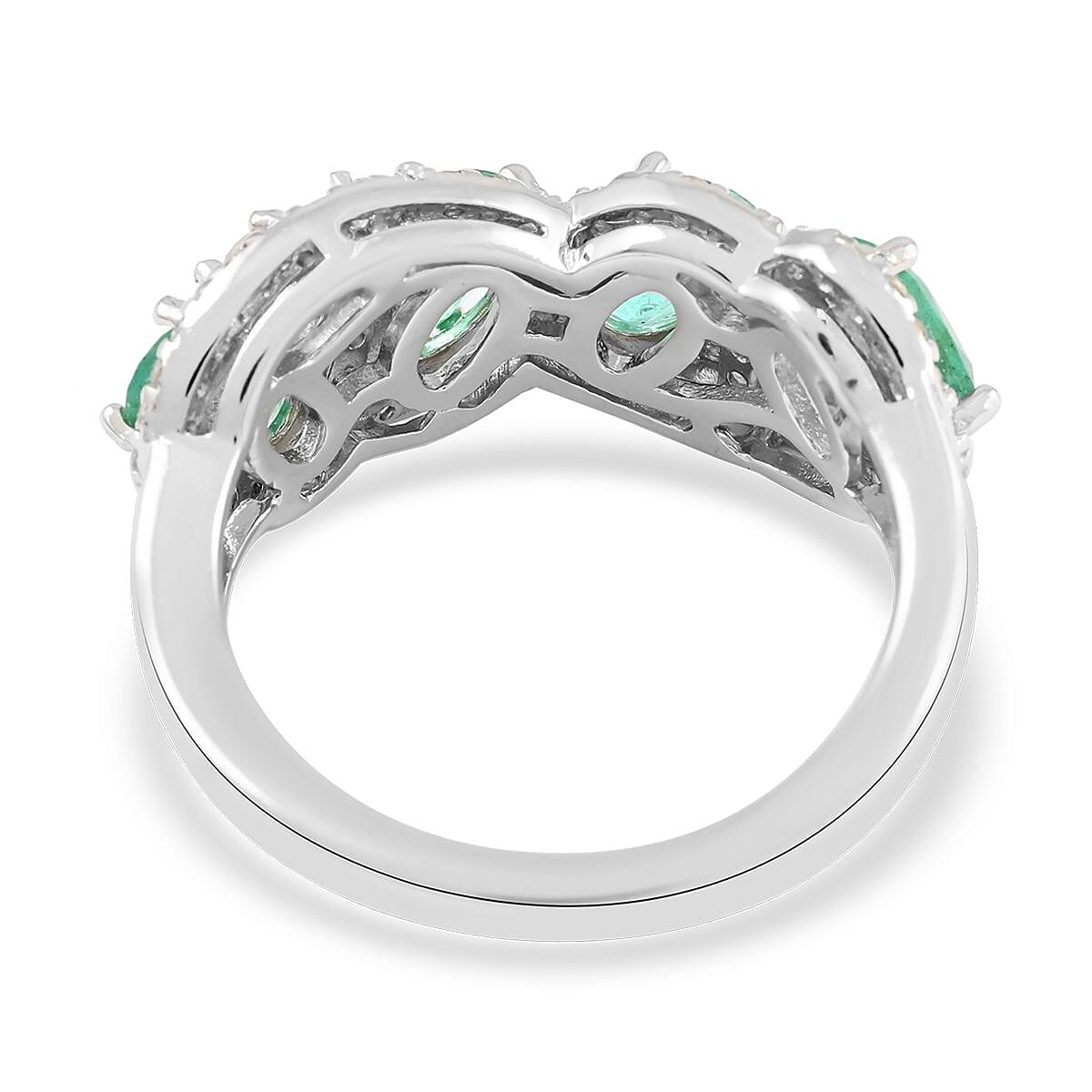 AAA Kagem Zambian Intense Green Emerald, Natural White Zircon Ring in Rhodium Over Sterling Silver (Size 6.0) 2.35 ctw image number 4