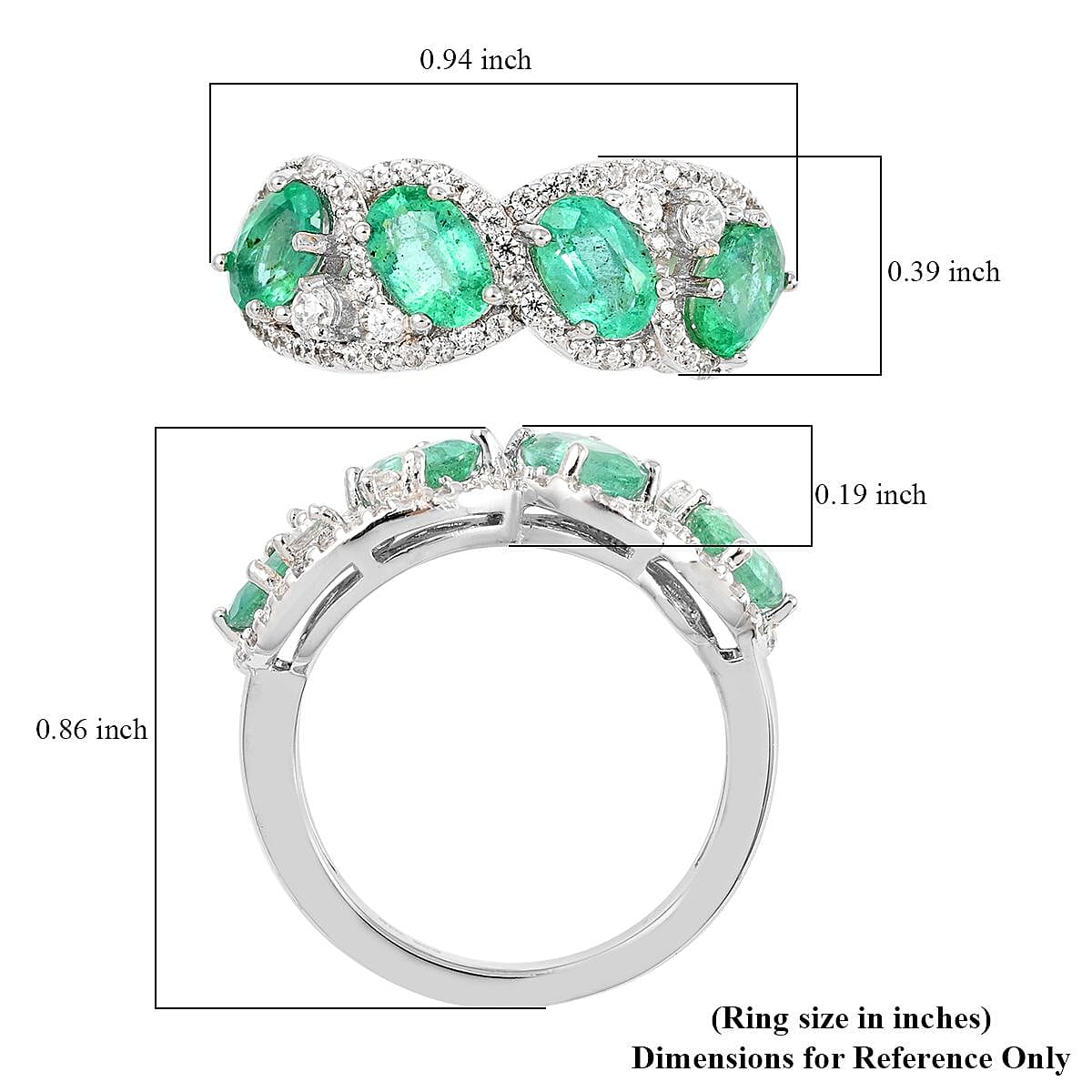 AAA Kagem Emerald and Natural White Zircon Ring in Rhodium Over Sterling Silver (Size 6.0) 2.35 ctw