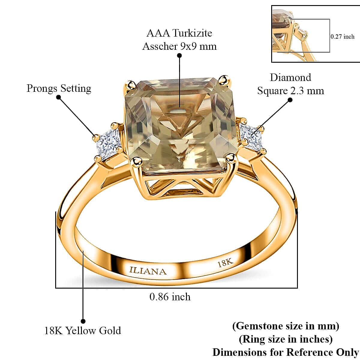 Certified and Appraised Iliana Asscher Cut AAA Turkizite and G-H SI Diamond 4.35 ctw Ring in 18K Yellow Gold (Size 6.0) (Del. in 10-15 Days) 