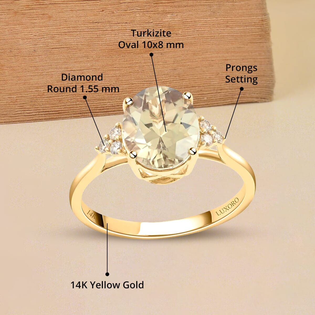 Certified and Appraised Luxoro 14K Yellow Gold AAA Turkizite and G-H I2 Diamond Ring (Size 10.0) 3.00 ctw image number 4