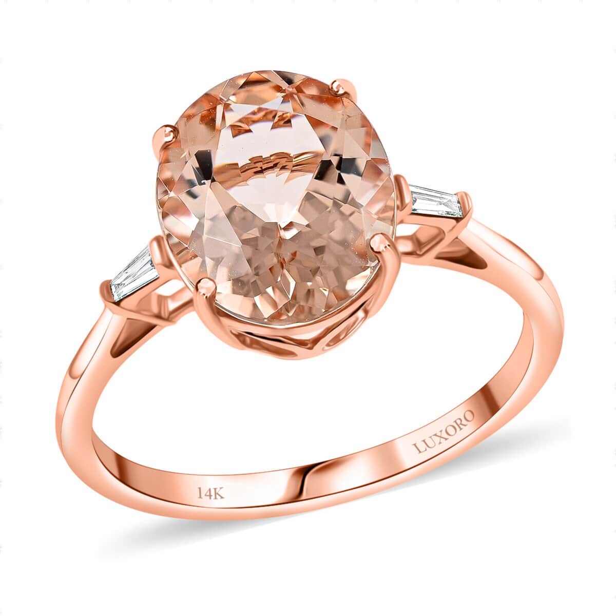 Luxoro 14K Rose Gold AAA Marropino Morganite and G-H I2 Diamond Ring (Size 10.0) 3.00 ctw image number 0