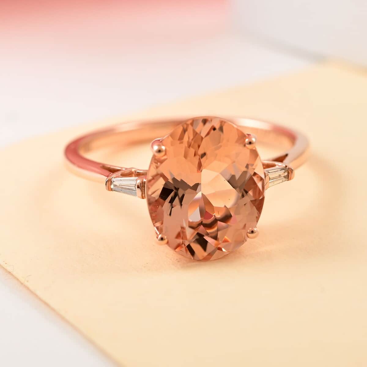 Luxoro 14K Rose Gold AAA Marropino Morganite and G-H I2 Diamond Ring (Size 10.0) 3.00 ctw image number 1