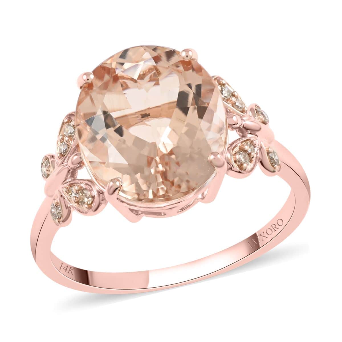 Luxoro 14K Rose Gold AAA Marropino Morganite and G-H I2 Diamond Ring (Size 6.0) 4.40 ctw image number 0