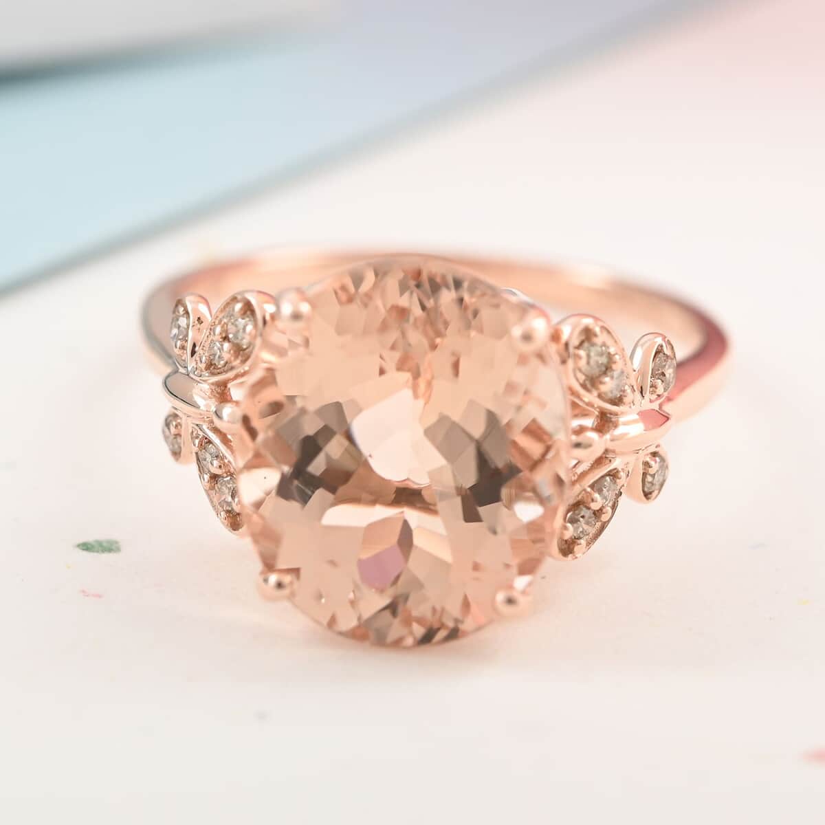 Luxoro 14K Rose Gold AAA Marropino Morganite and G-H I2 Diamond Ring (Size 6.0) 4.40 ctw image number 1