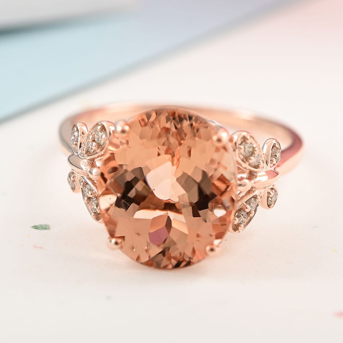 Luxoro 14K Rose Gold AAA Marropino Morganite and G-H I2 Diamond Ring (Size 8.0) 4.40 ctw image number 1