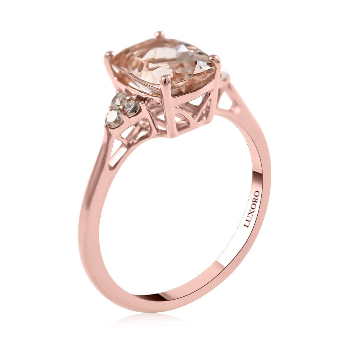 Luxoro 14K Rose Gold AAA Marropino Morganite and G-H I2 Diamond Ring (Size 7.0) 2.30 ctw image number 3