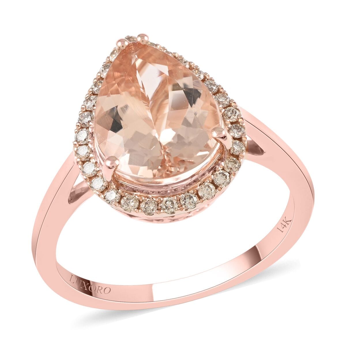 Luxoro 14K Rose Gold AAA Marropino Morganite and G-H I2 Diamond Ring (Size 8.0) 3.65 ctw image number 0
