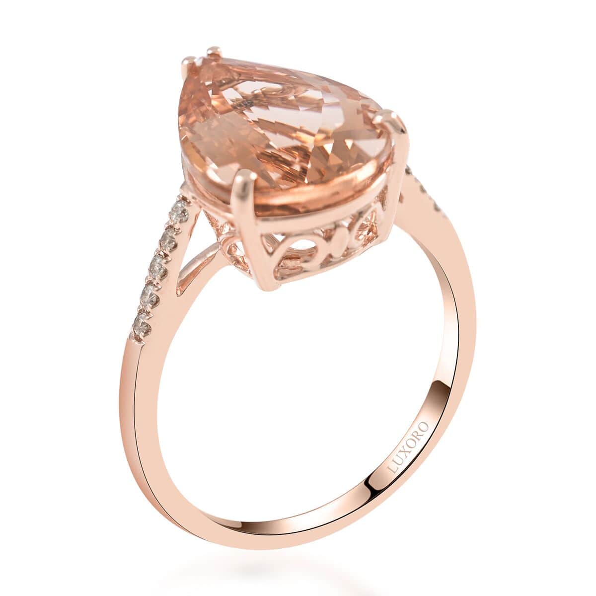 Luxoro 14K Rose Gold AAA Marropino Morganite and G-H I2 Diamond Ring (Size 7.0) 4.70 ctw image number 3