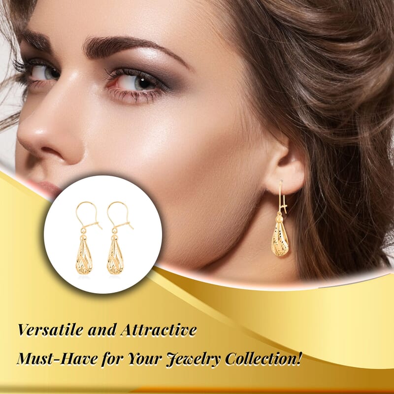 14K Yellow Gold Earrings, Tear Drop Earrings, Diamond Cut Earrings, Dangle Earrings, Gold Drop Earrings , Fish Hook Earrings 2.5 Grams