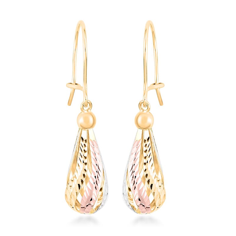 Diamond-cut Tricolor Tear Drop Earrings in 14K Yellow, Rose and White Gold 2.40 Grams
