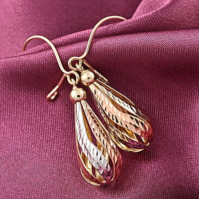 Diamond-cut Tricolor Tear Drop Earrings in 14K Yellow, Rose and White Gold 2.40 Grams