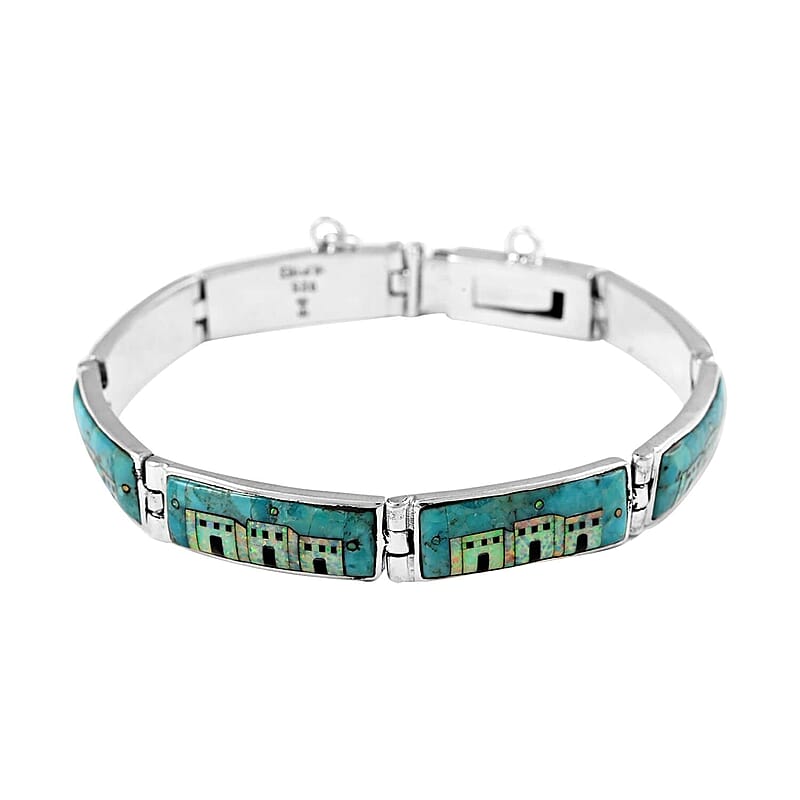 Santa Fe Style Kingman Turquoise and Lab Created Opal Bracelet in Sterling Silver (7.00 In) 35.20 ctw