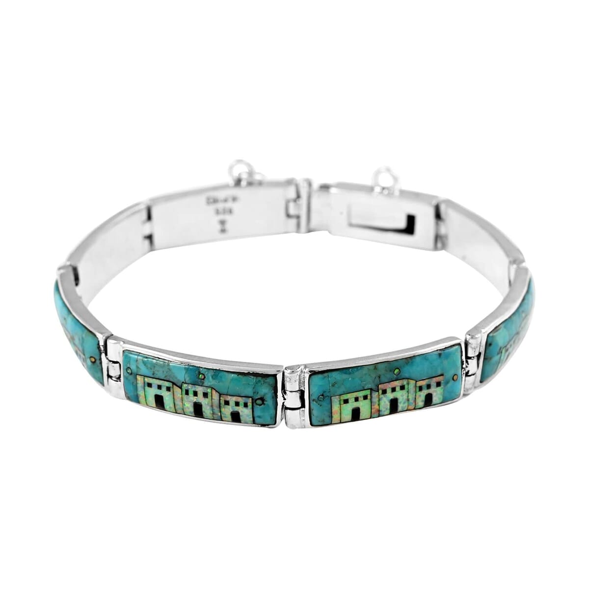 Santa Fe Style Kingman Turquoise and Lab Created Opal Bracelet in Sterling Silver (7.00 In) 35.20 ctw image number 0