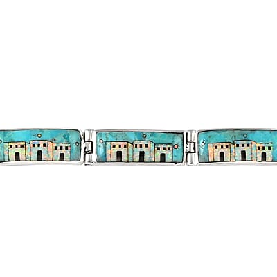 Santa Fe Style Kingman Turquoise and Lab Created Opal Bracelet in Sterling Silver (7.00 In) 35.20 ctw