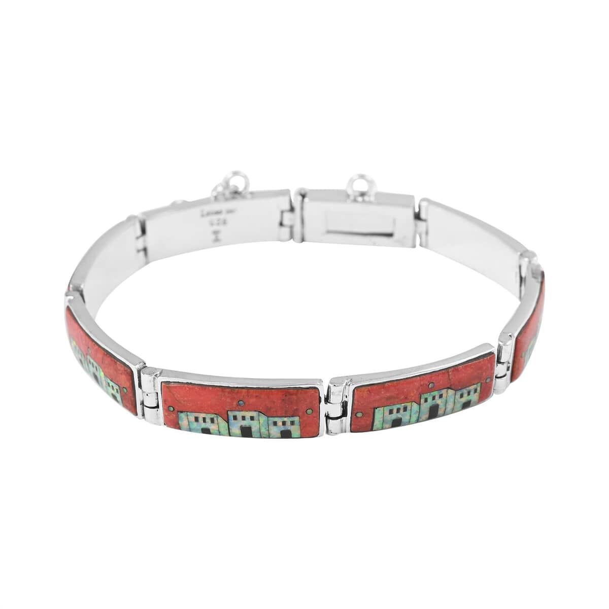 Santa Fe Style Coral and Lab Created Opal Bracelet in Sterling Silver (7.00 In) 35.20 ctw image number 0