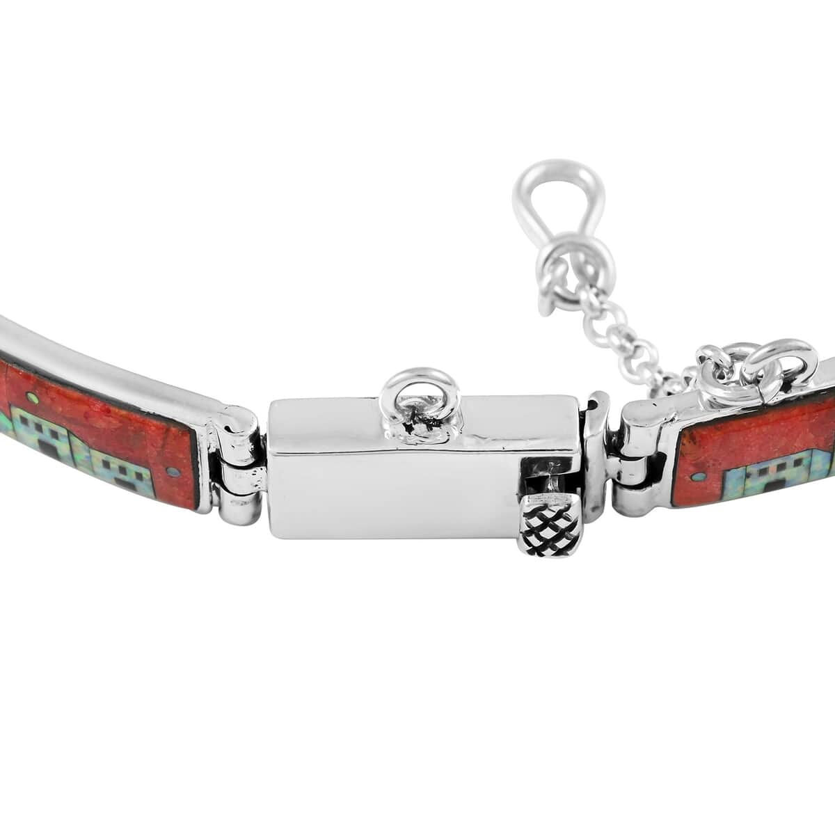 Santa Fe Style Coral and Lab Created Opal Bracelet in Sterling Silver (7.00 In) 35.20 ctw image number 3