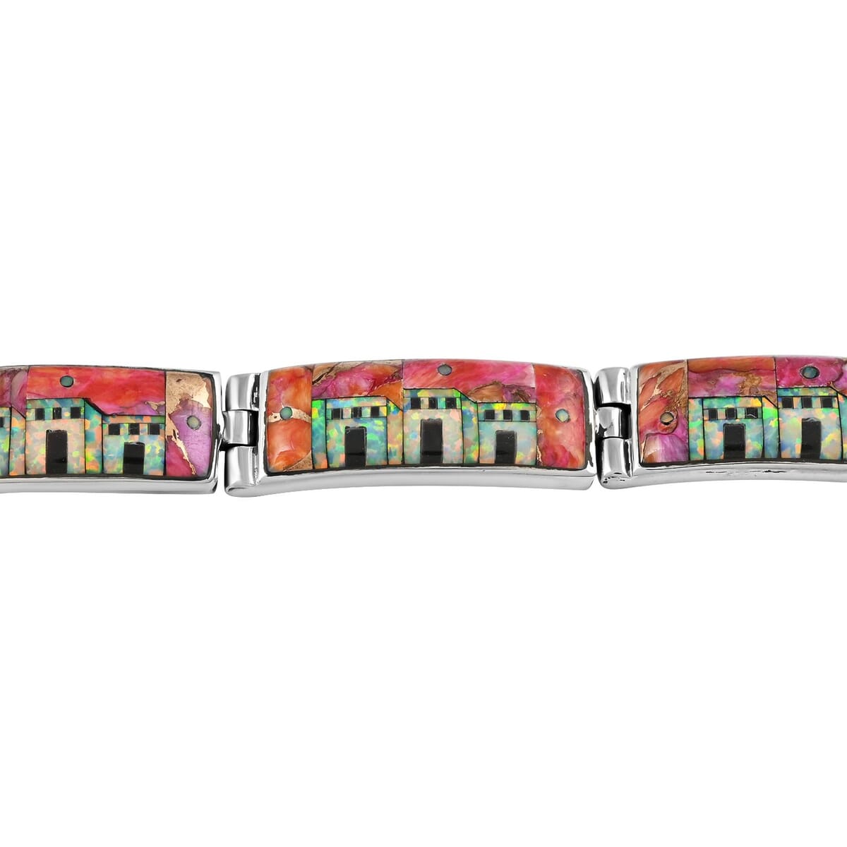Santa Fe Style Lab Created Opal and Rainbow Multi Color Turquoise Bracelet in Sterling Silver (7.00 In) 35.20 ctw image number 2