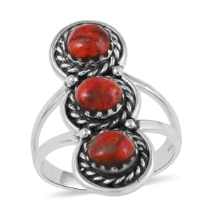 Santa Fe Style Plum Coral 3 Stone Ring in Sterling Silver (Size 7.0) 3.50 ctw