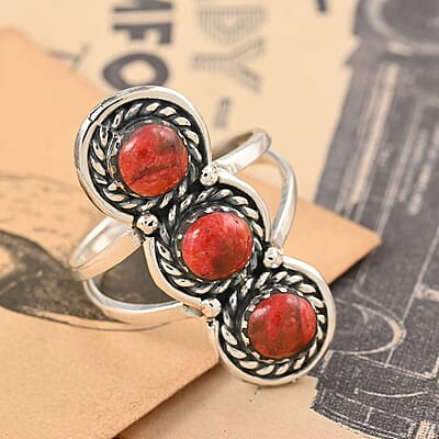 Santa Fe Style Plum Coral 3 Stone Ring in Sterling Silver (Size 7.0) 3.50 ctw