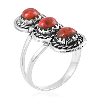 Santa Fe Style Plum Coral 3 Stone Ring in Sterling Silver (Size 7.0) 3.50 ctw