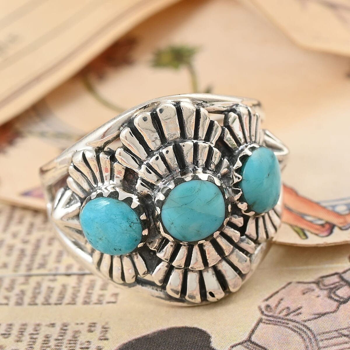SANTA FE Style Kingman Turquoise 3 Stone Ring in Sterling Silver 2.75 ctw image number 1