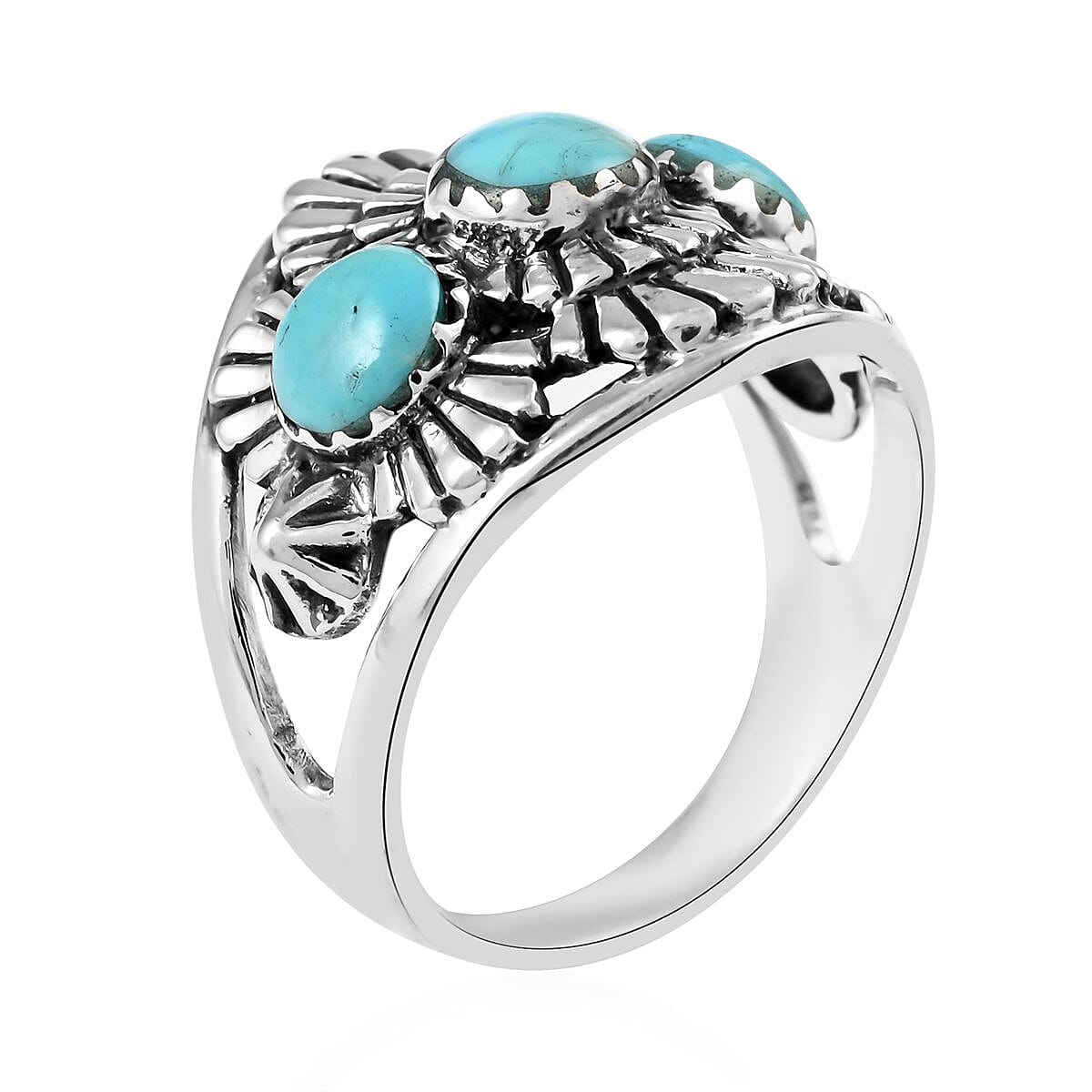 SANTA FE Style Kingman Turquoise 3 Stone Ring in Sterling Silver 2.75 ctw image number 3