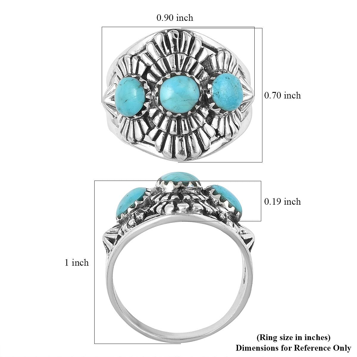 Santa Fe Style Kingman Turquoise 3 Stone Ring in Sterling Silver (Size 6.0) 2.75 ctw