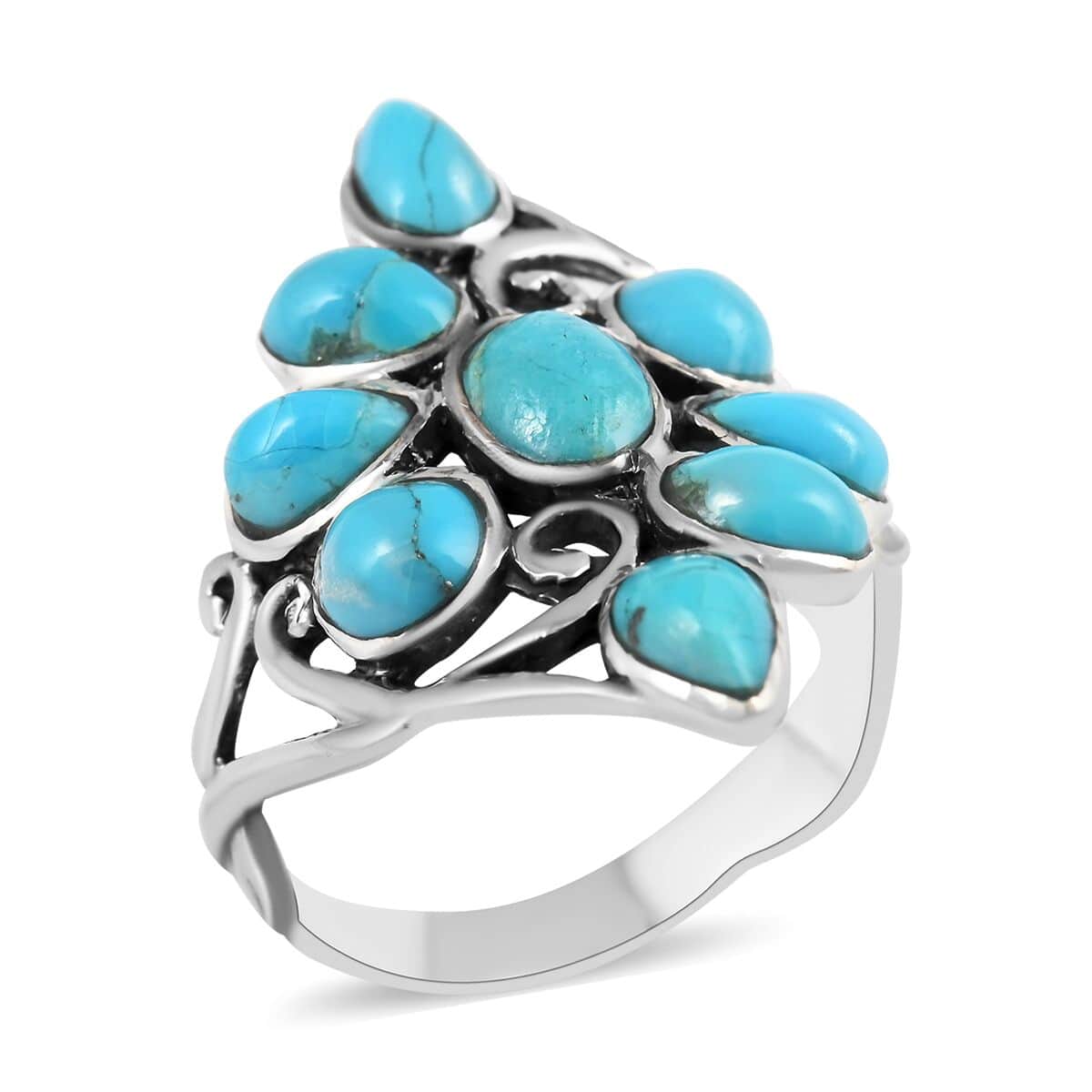 SANTA FE Style Kingman Turquoise Floral Ring in Sterling Silver 2.35 ctw image number 0