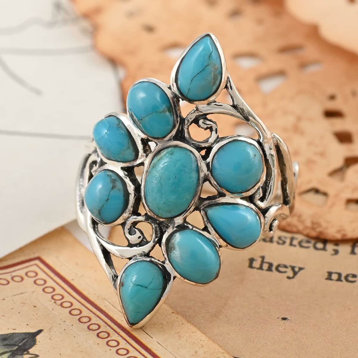 SANTA FE Style Kingman Turquoise Floral Ring in Sterling Silver 2.35 ctw image number 1